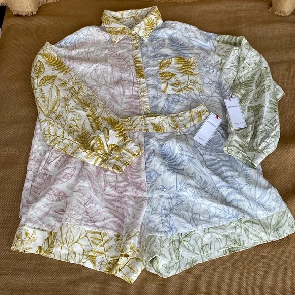 NEW Aura Linen Blend Botanical Print Long Sleeve Shirt and Matching Shorts - Picture 14 of 15